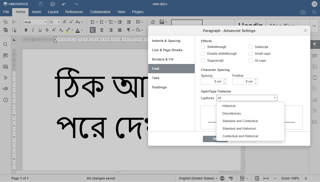 onlyoffice 7.2 ligature support