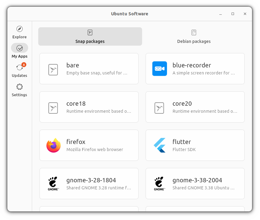 separate section for deb and snap packages in ubuntu software