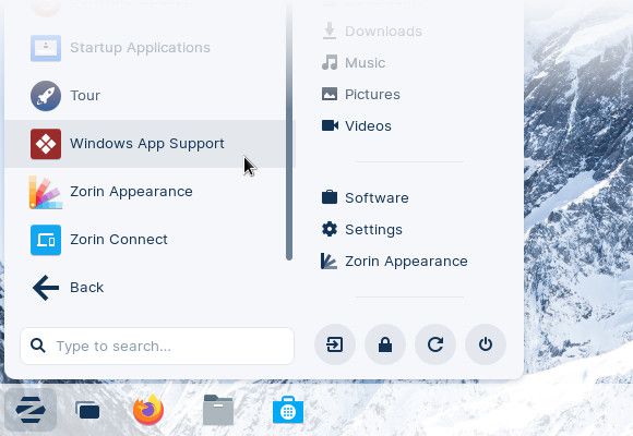 zorin os windows app support menu
