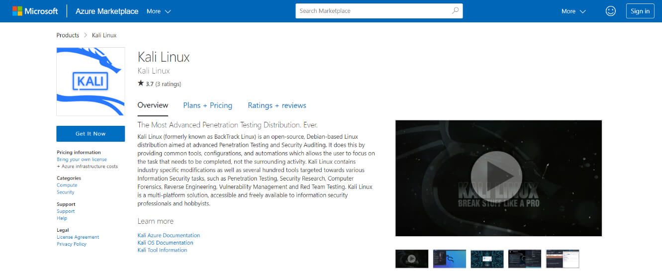 kali linux 22.04 azure marketplace