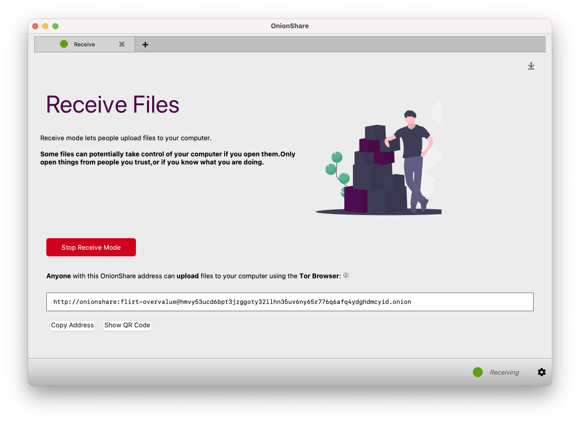 onionshare screenshot to receive files