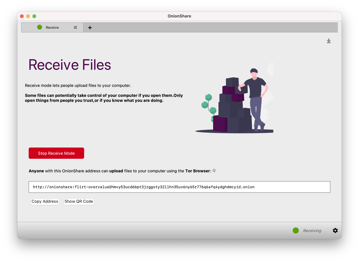 screenshot di onionshare per ricevere i file
