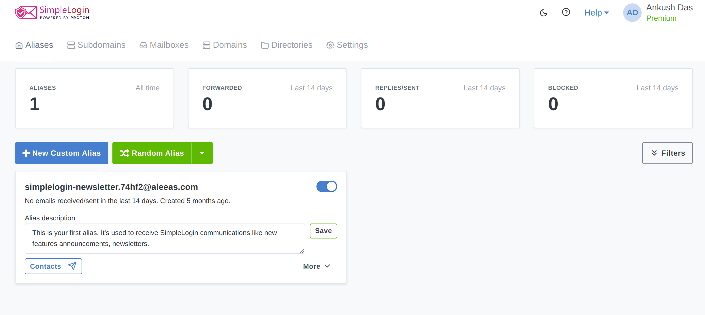 simplelogin web dashboard