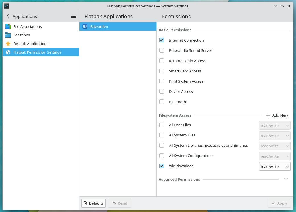 kde plasma 5.27 flatpak permission settings