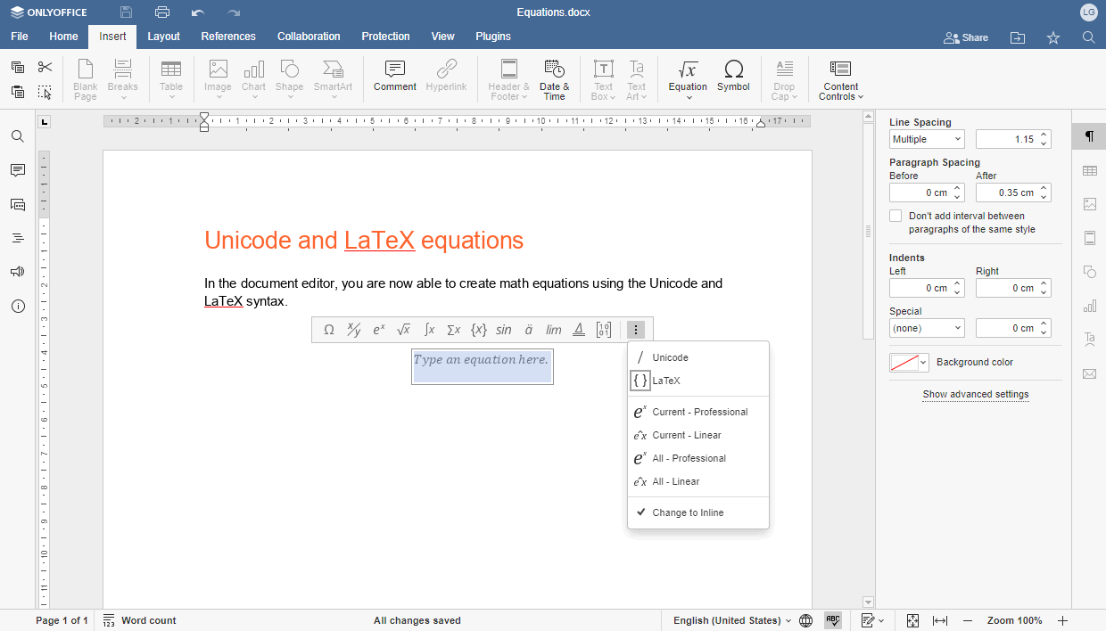 onlyoffice 7.3 unicode latex support