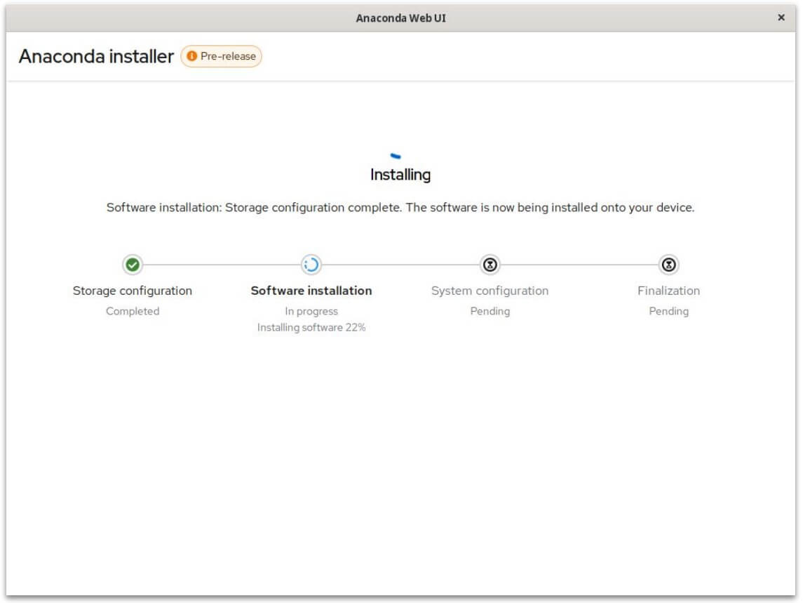 a screenshot of the progress bar of anaconda web ui installer