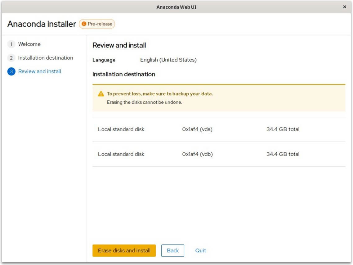 a screenshot of the review and install section of anaconda web ui installer