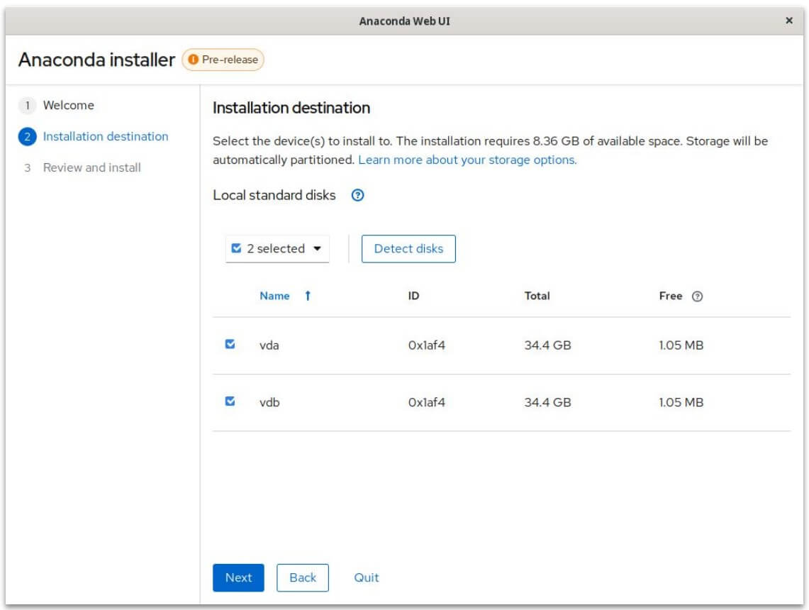 a screenshot of the disk selection section of anaconda web ui installer