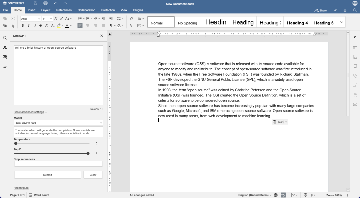 chatgpt generating text in ONLYOFFICE