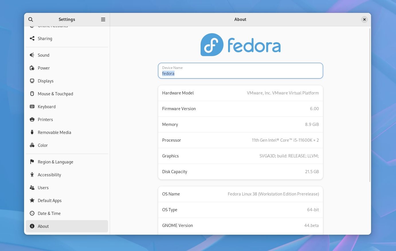 fedora 38 pre release about info