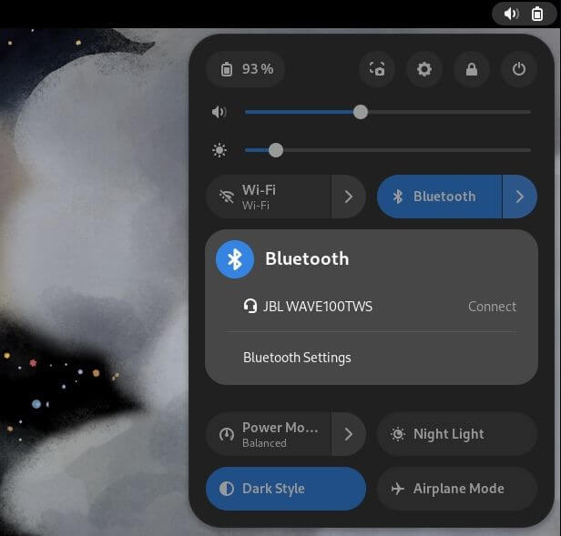 a screenshot of the bluetooth setting in the quick settings panel of gnome 44