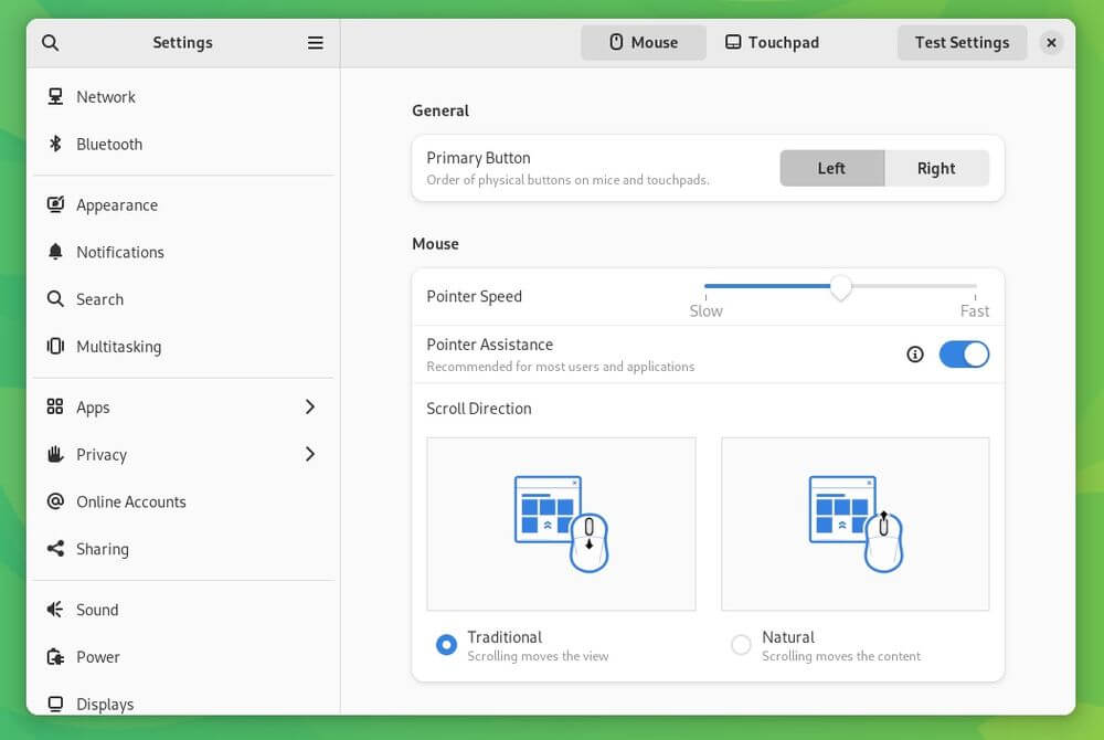 a screenshot of the updated mouse and touchpad settings on gnome 44