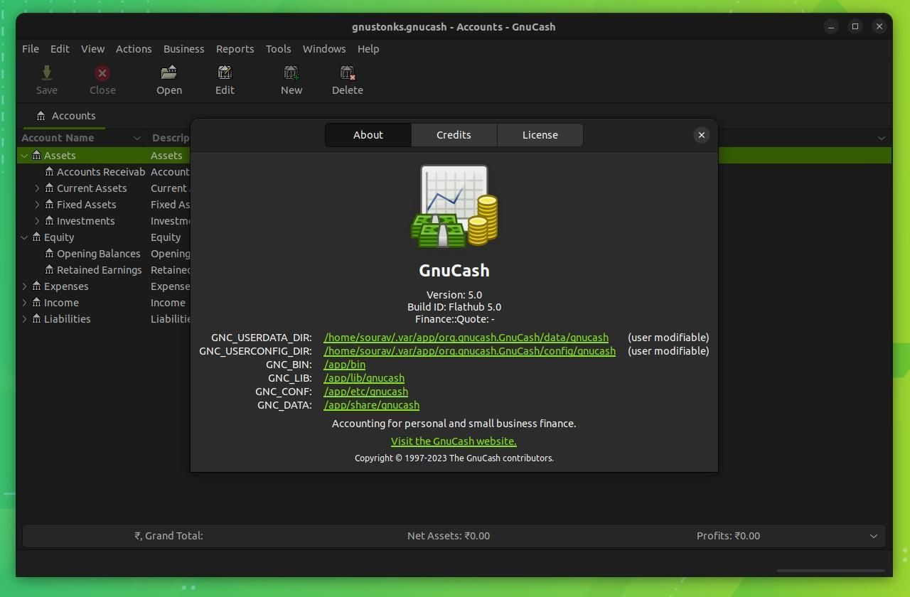 a screenshot of the about section of gnucash 5.0