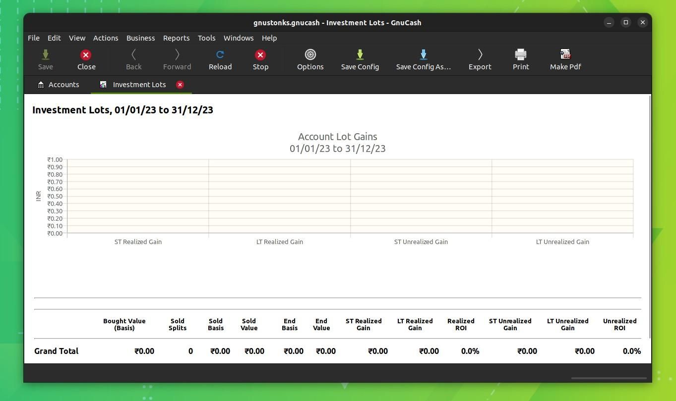 a screenshot of the new investments lot report on gnucash 5.0