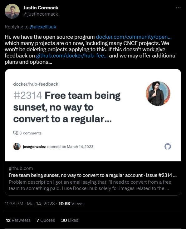 justin cormack's reply to a tweet regarding docker's open source program