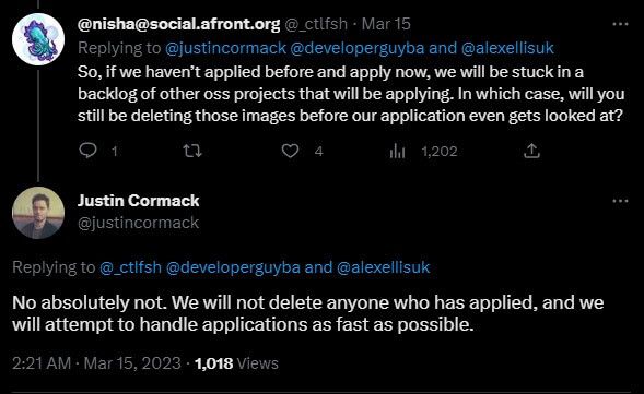 justin cormack's reply to a tweet regarding the deletion of open source projects on docker hub