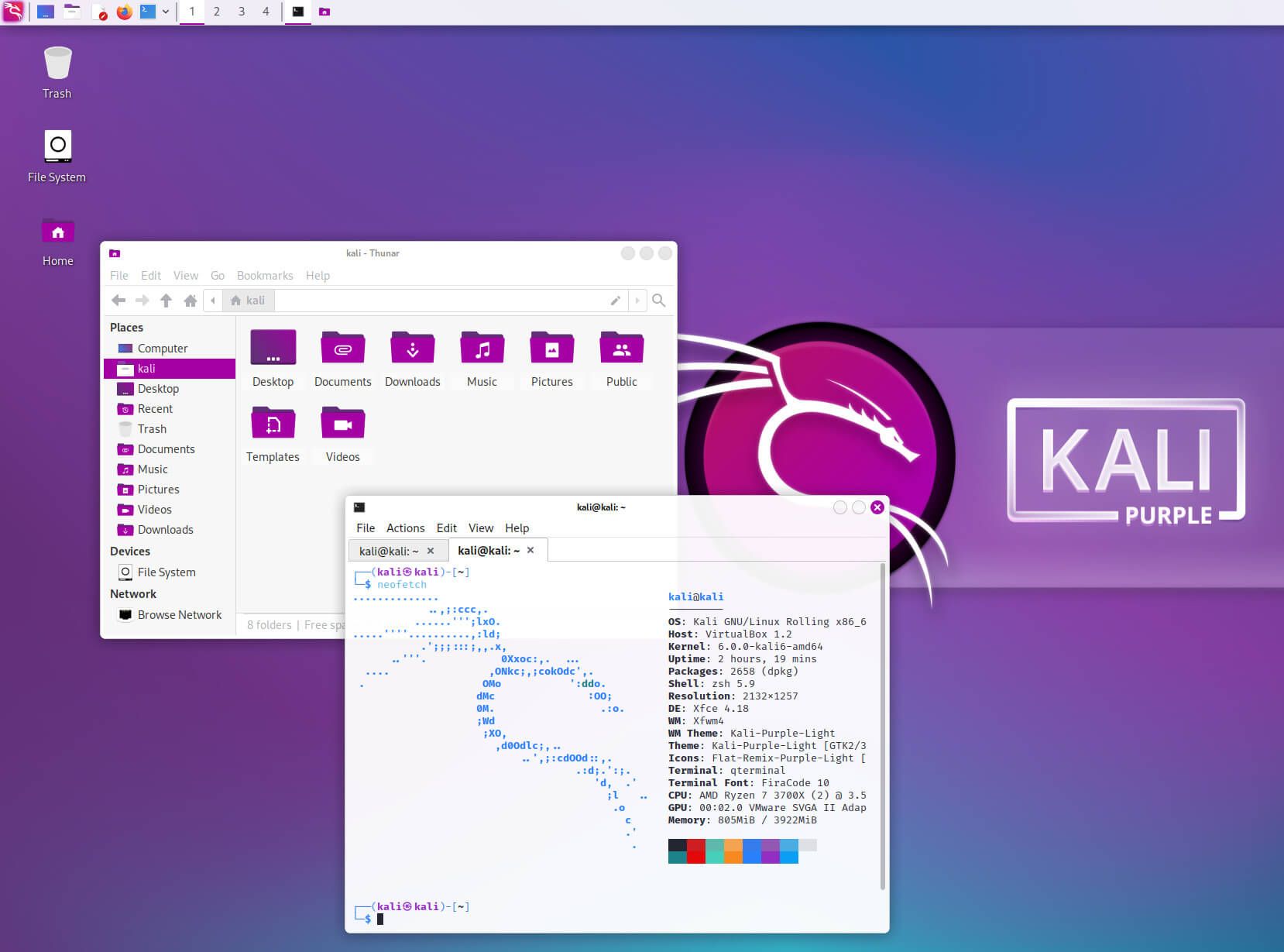 neofetch output of kali purple