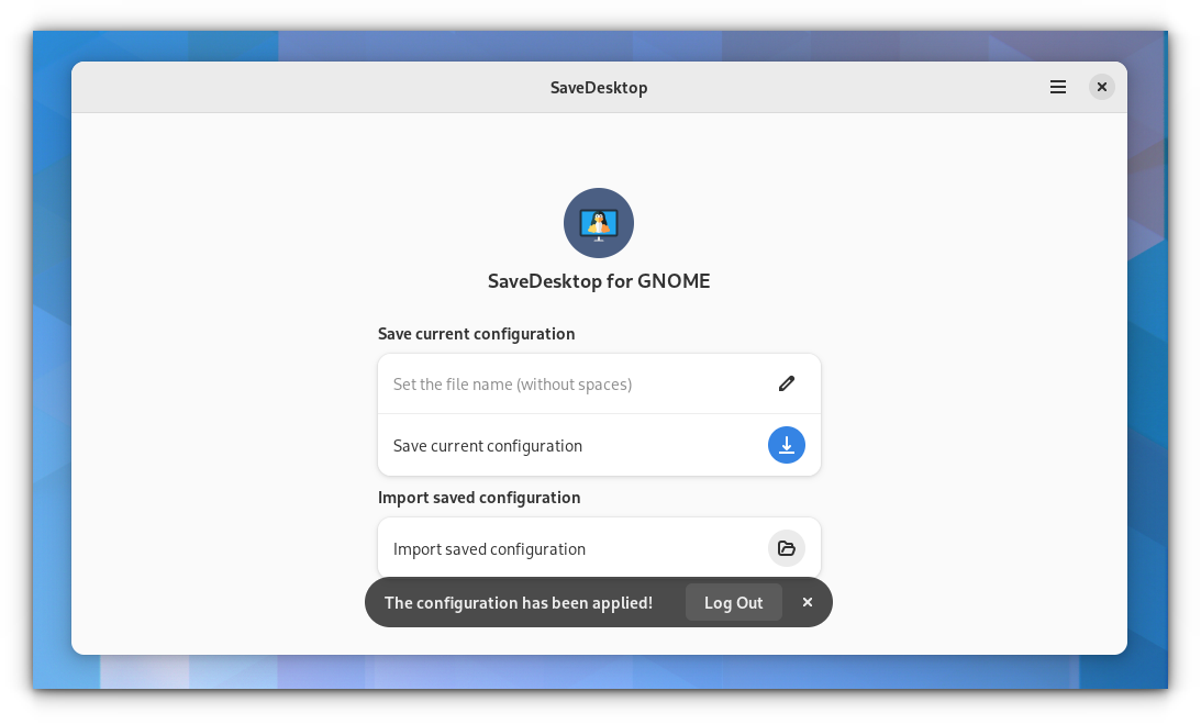 a screenshot showing that a imported configuration has been applied on savedesktop