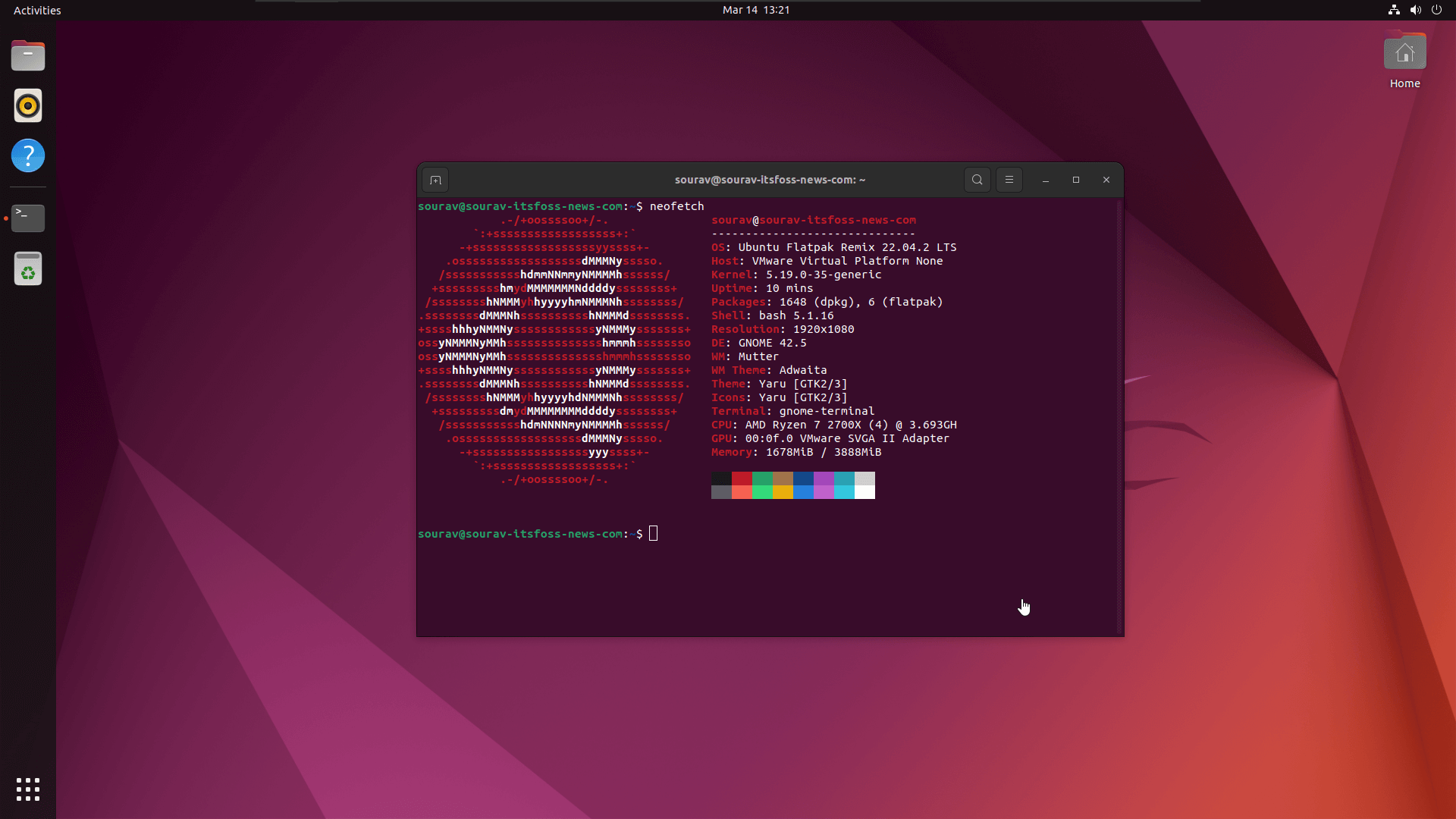 a neofetch output screenshot of the ubuntu flatpak remix distro