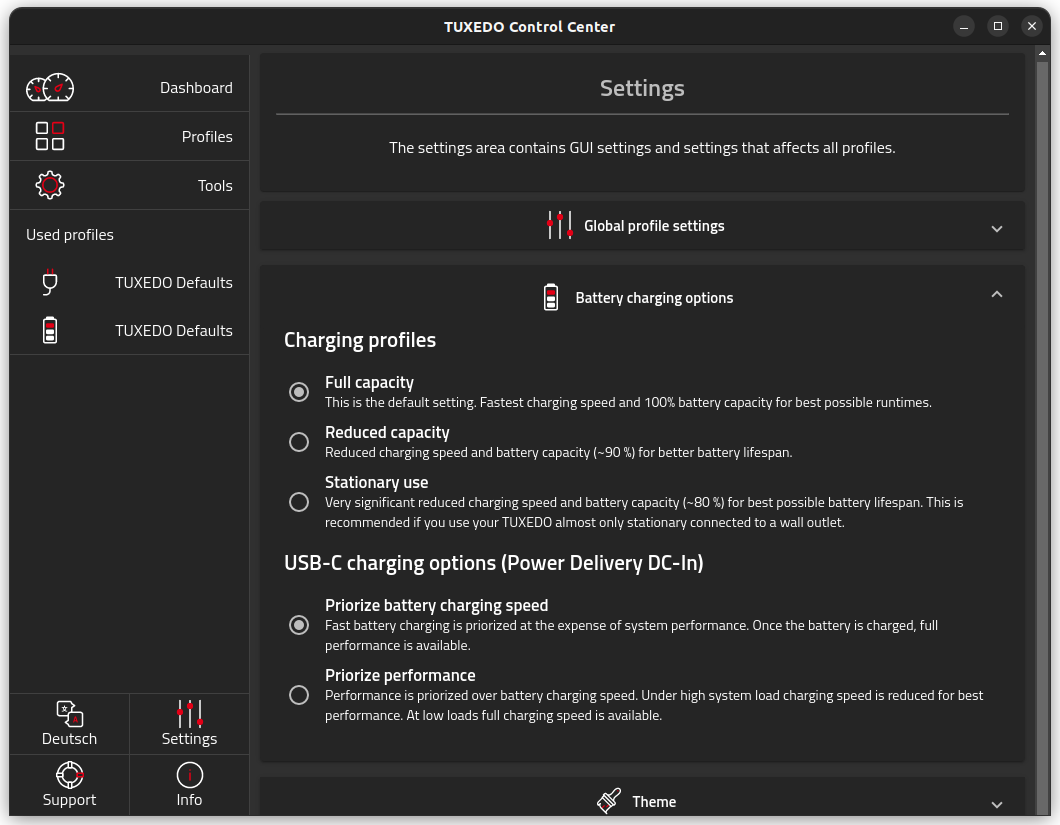 Battery Charging Options in TUXEDO Control Center