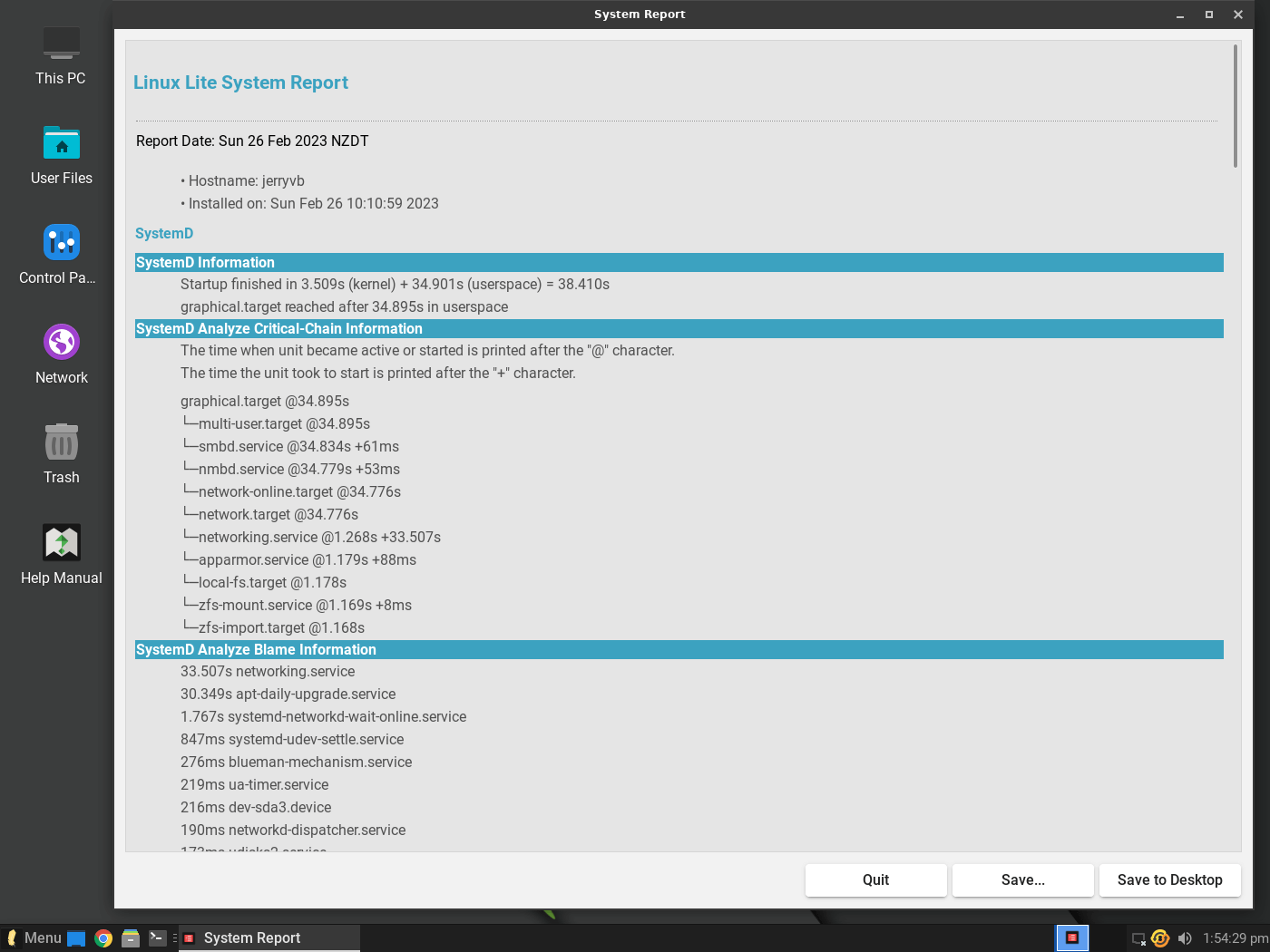 a screenshot of the systemd report on linux lite 6.4