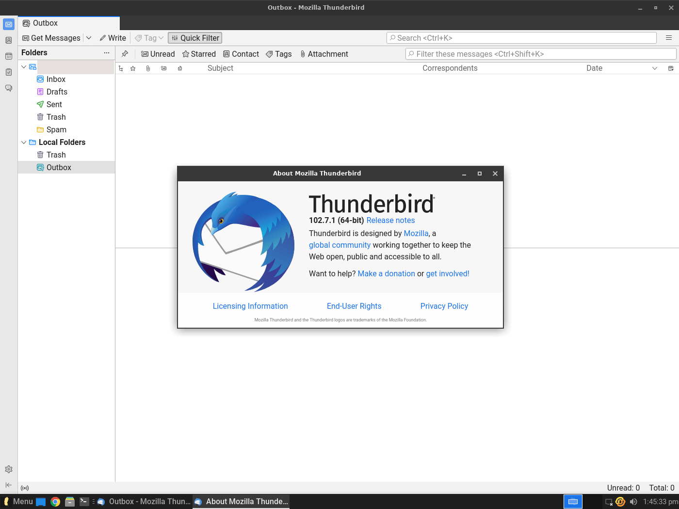 a screenshot of thunderbird 102 running on linux lite 6.4