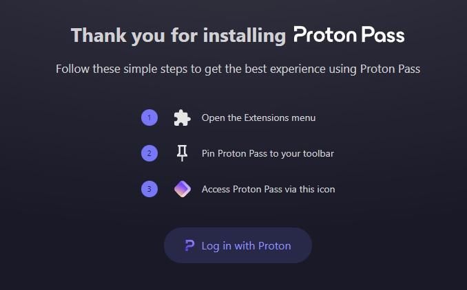 a screenshot of the post install experience of proton pass beta browser extension