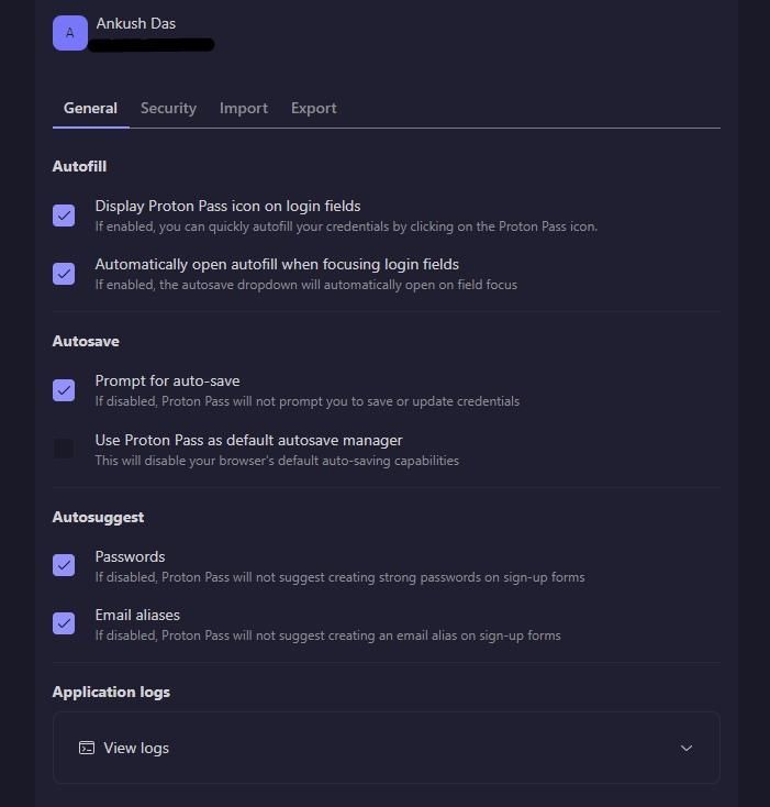 a screenshot of the general settings of the proton pass web browser extension