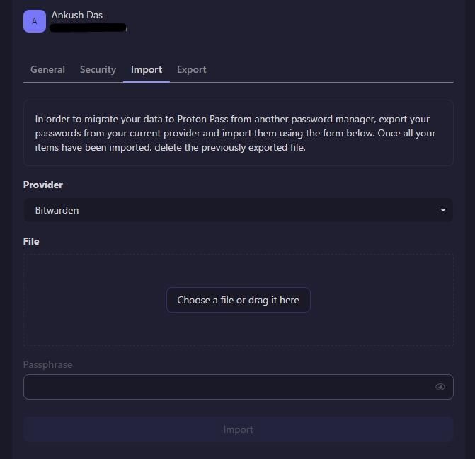 a screenshot of the import tab in the proton pass web browser extension