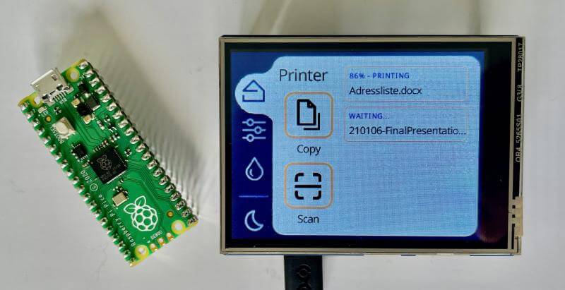 a photo showcasing a printer demo made using slint running on an raspberry pi pico