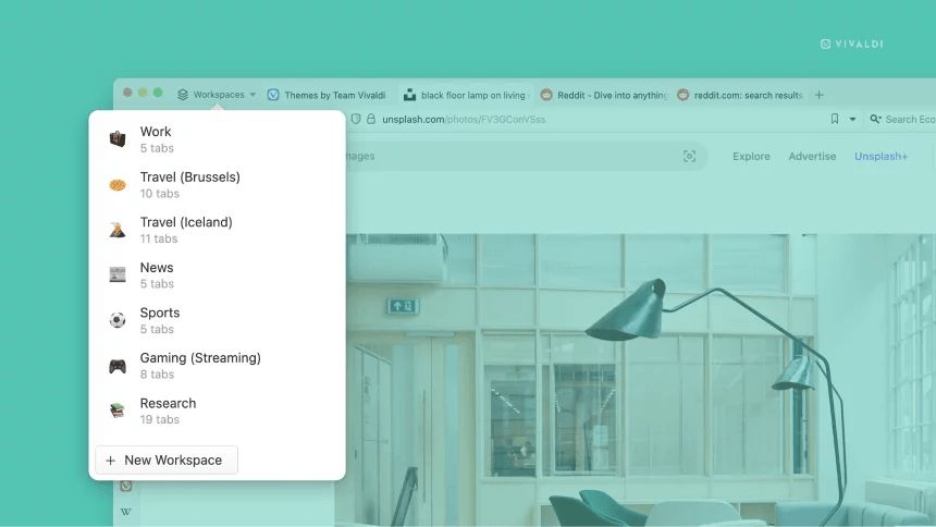 a screenshot of the workspaces switcher on vivaldi 6.0