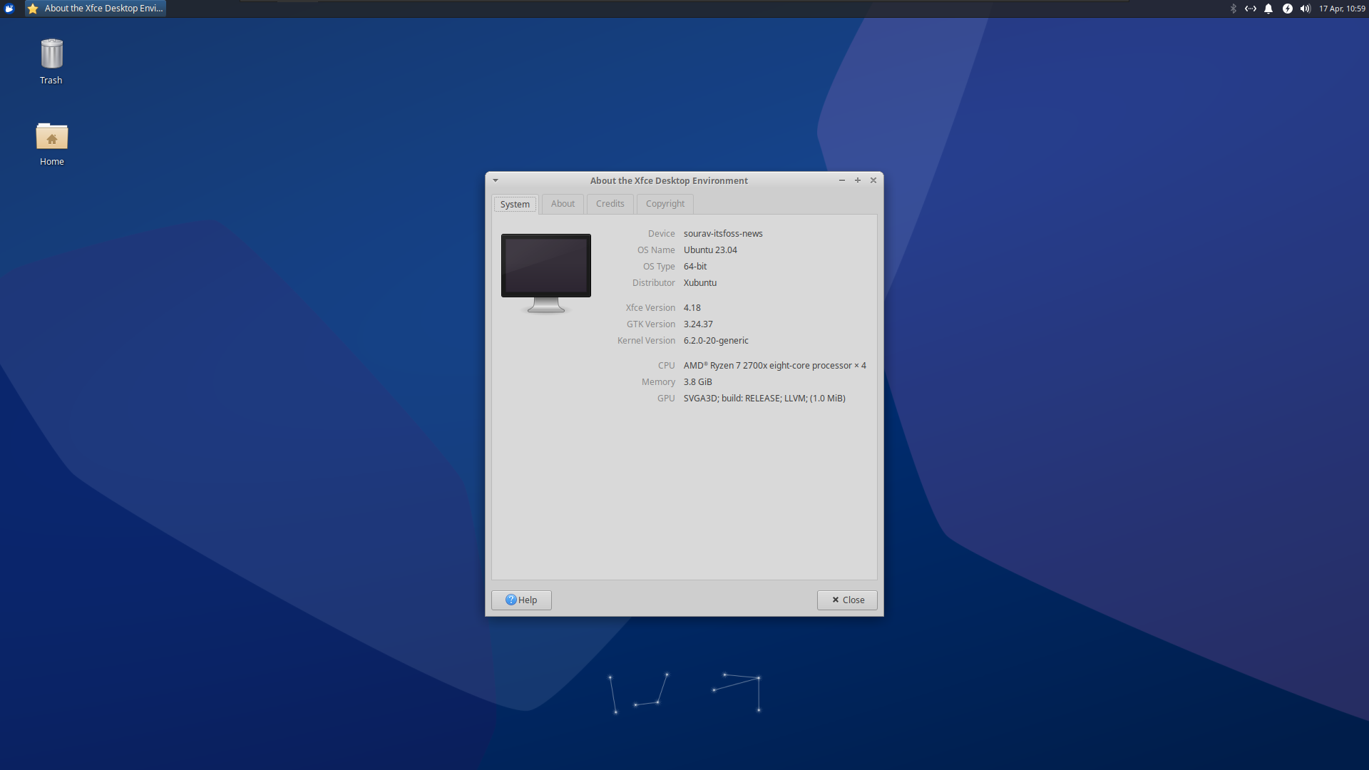 a screenshot of the about xfce app on xubuntu 23.04