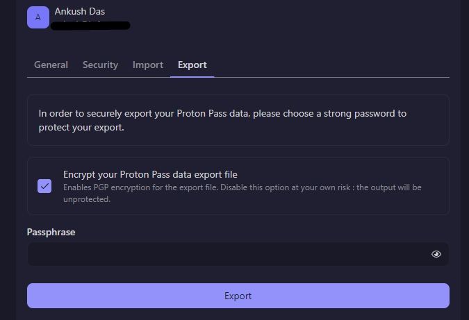 proton pass export option with pgp encryption