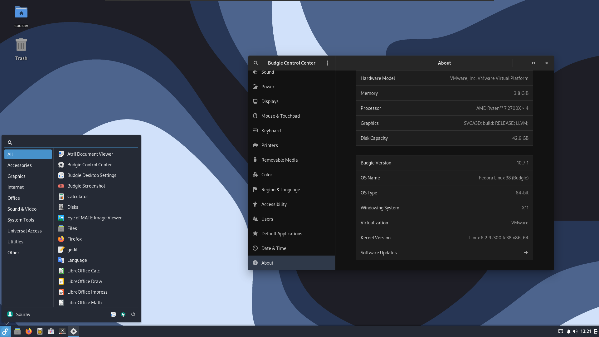 a screenshot of the desktop of fedora budgie spin
