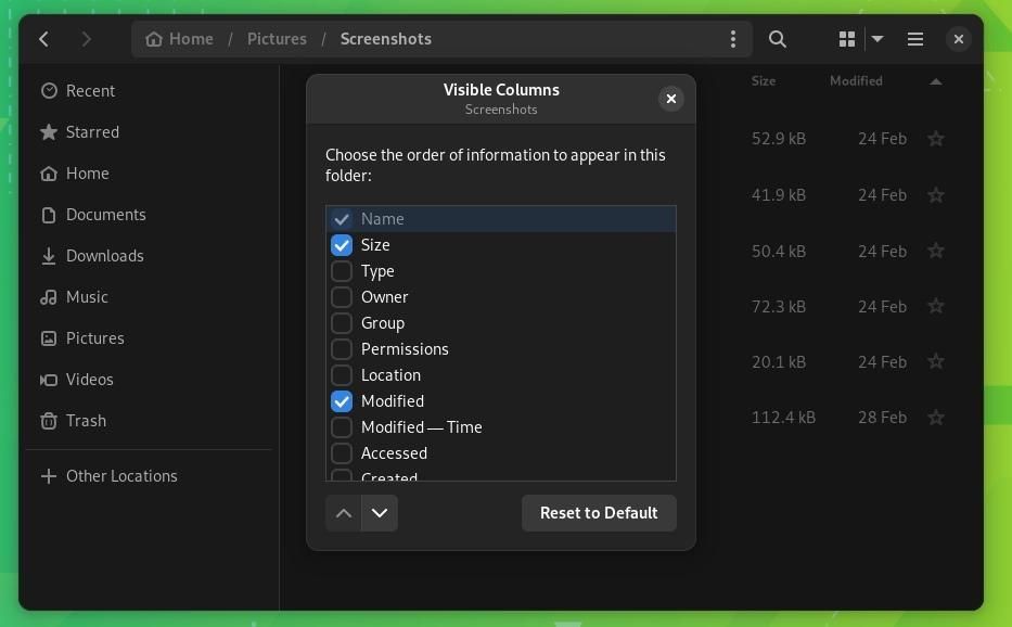 a screenshot of the file columns chooser on gnome 44