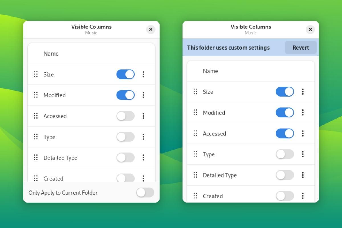 screenshots of the upcoming file column redesign on gnome's file manager