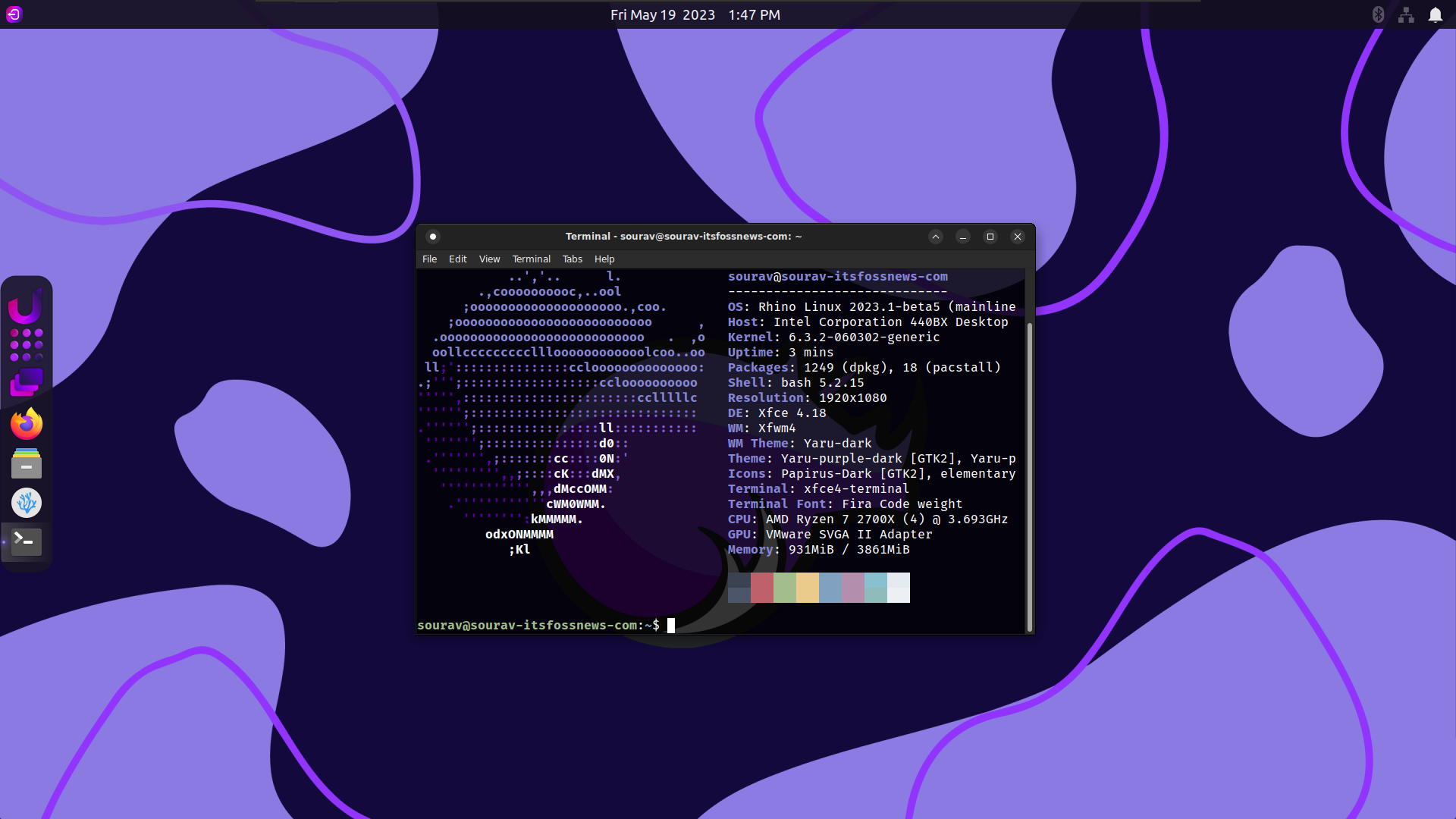 a screenshot of the neofetch output on rhino linux