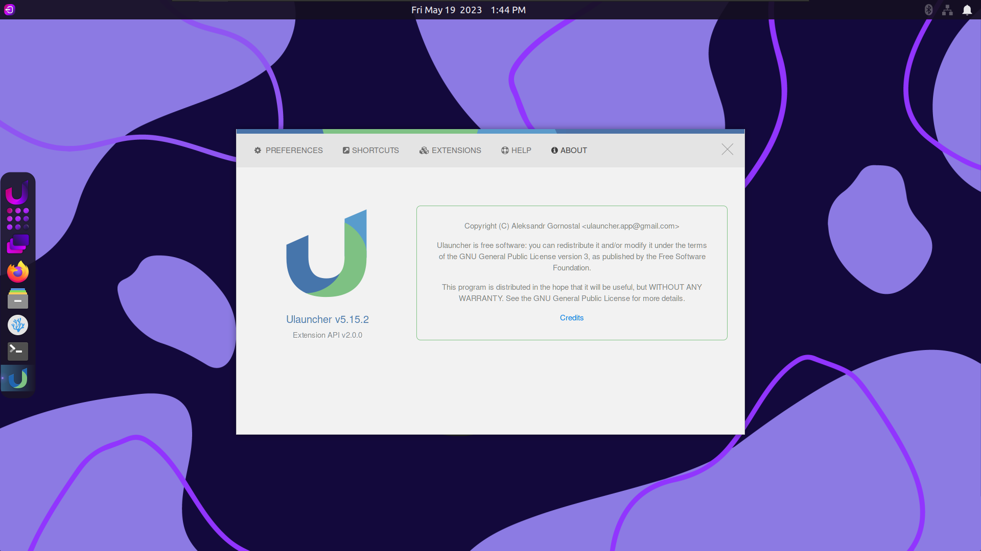 a screenshot of the about section of ulauncher on rhino linux