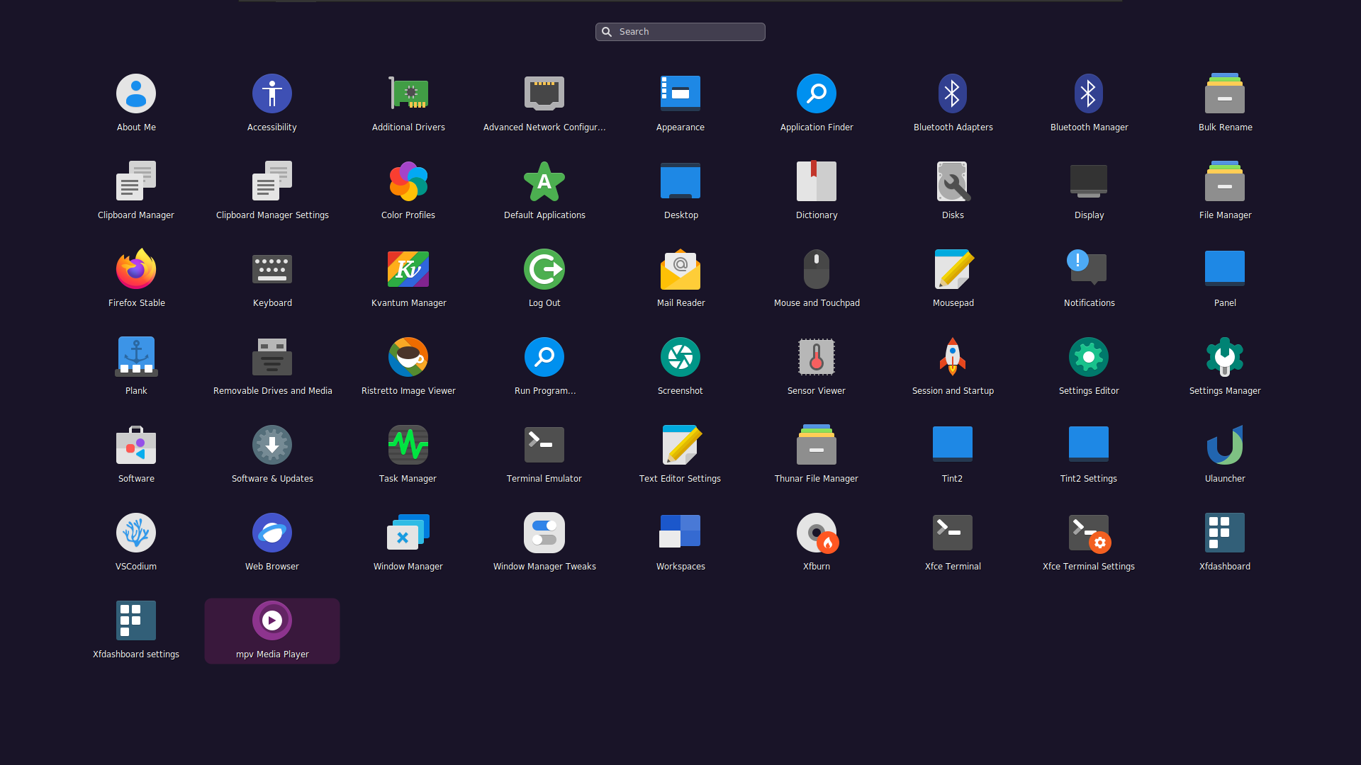 a screenshot of the app drawer on rhino linux