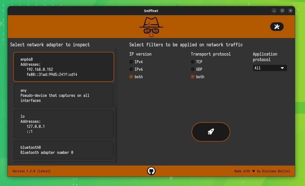 a screenshot of the network adapter selector on sniffnet
