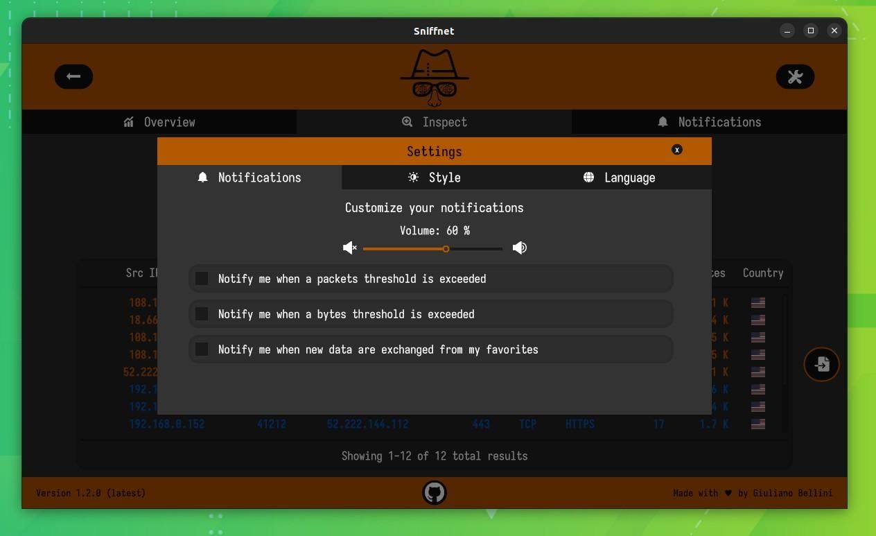 a screenshot of the notifications settings on sniffnet