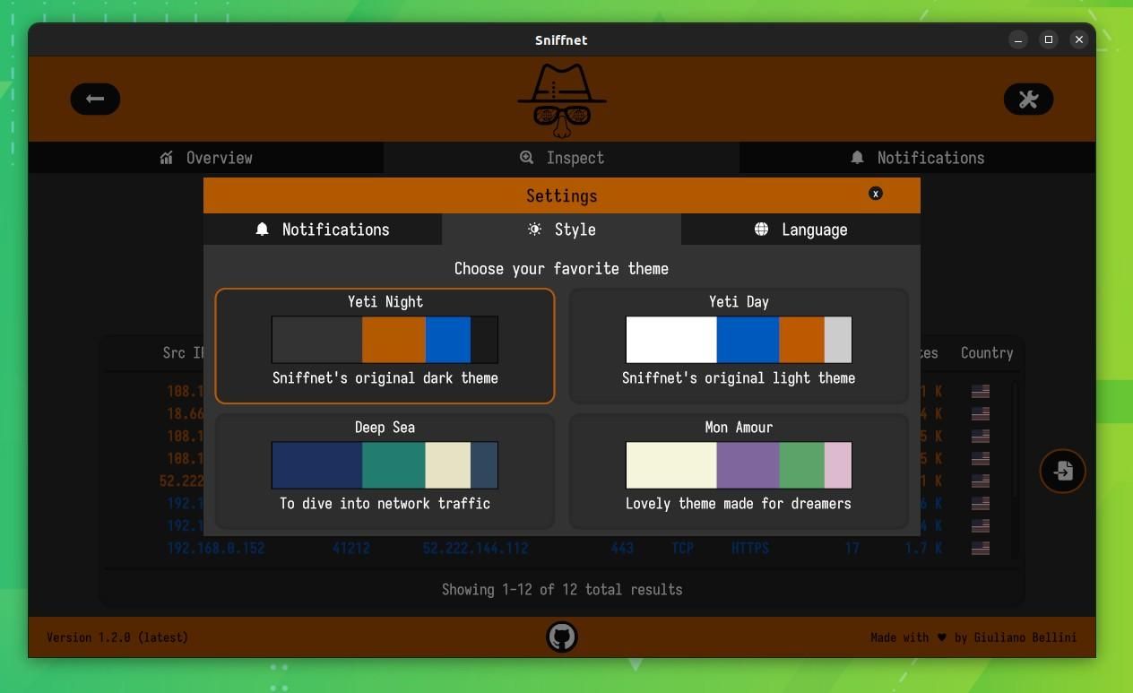 a screenshot of the style settings on sniffnet