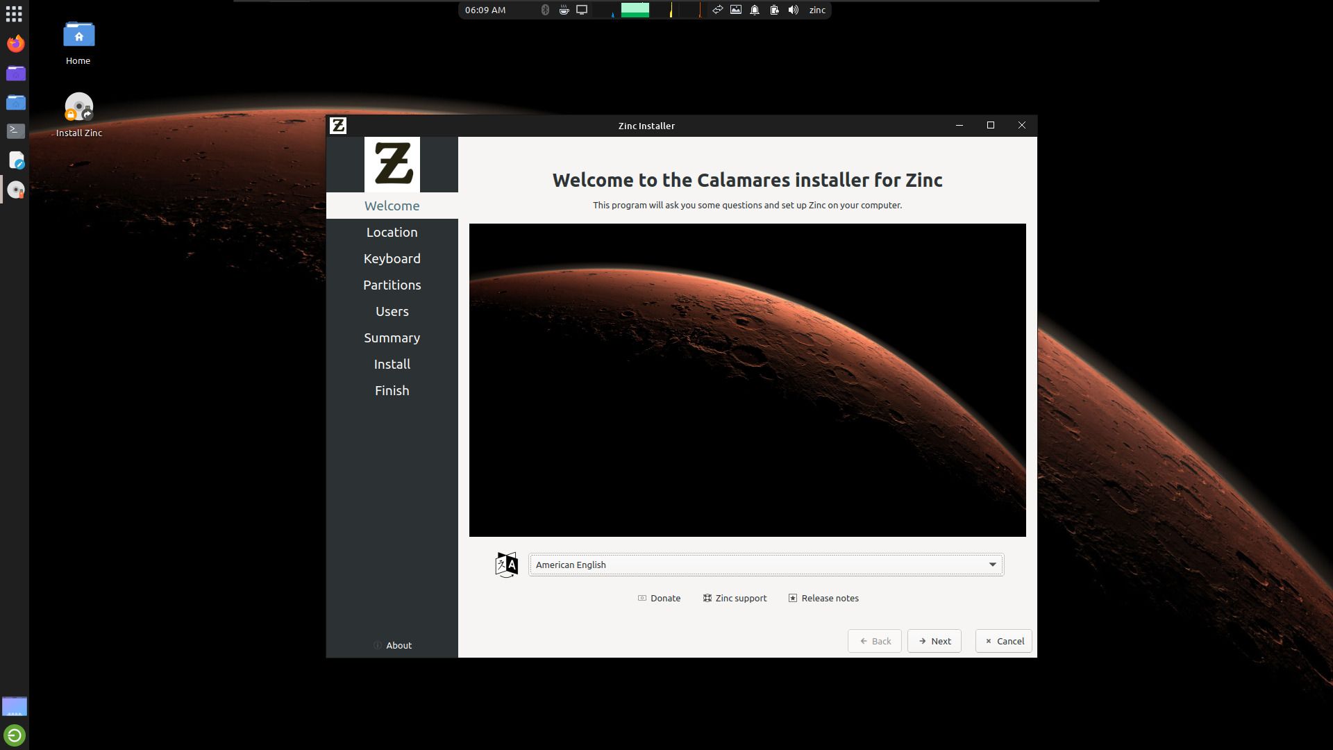 a screenshot of zinc's installer