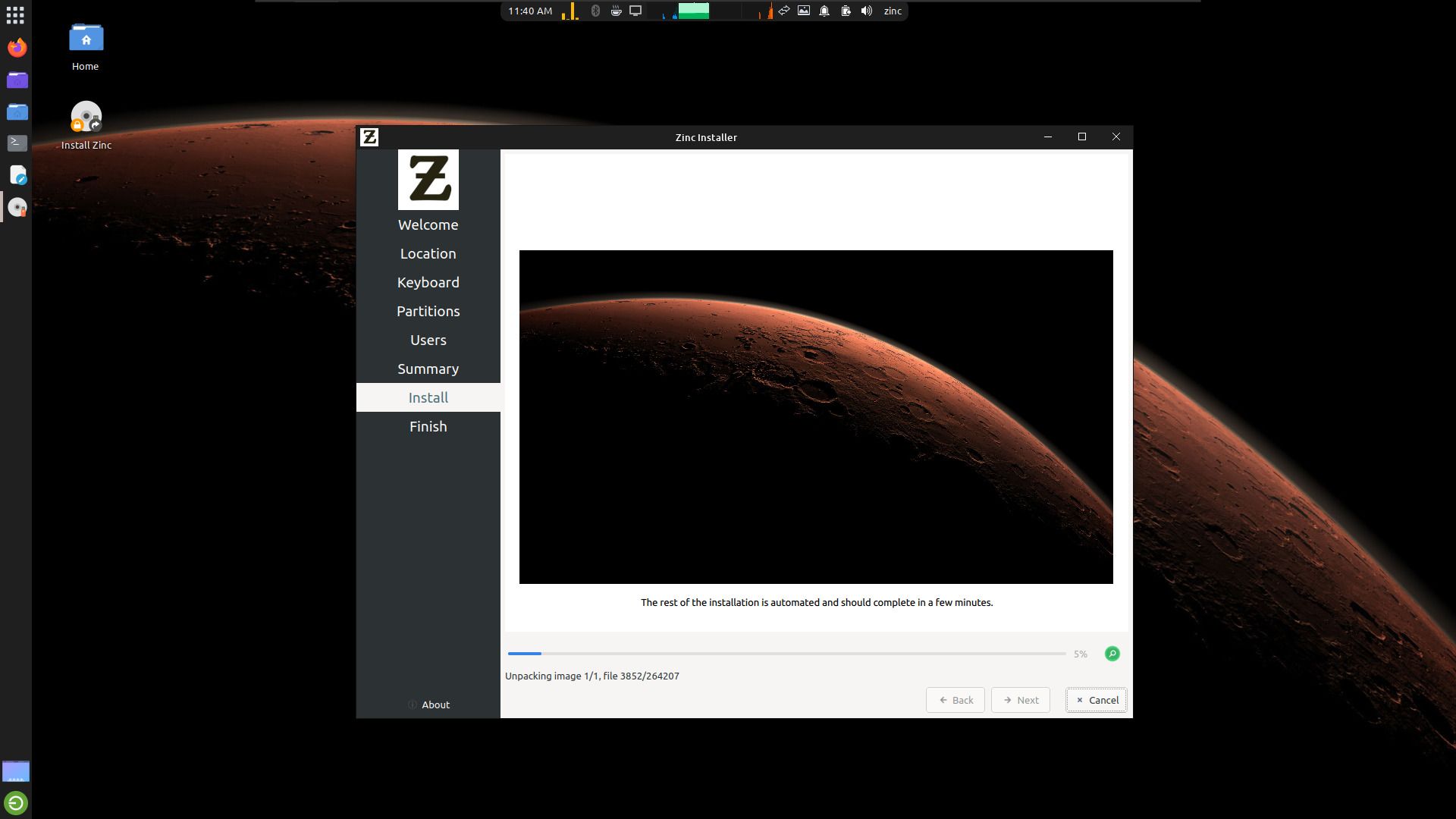 a screenshot of the install progrress on zinc's installer