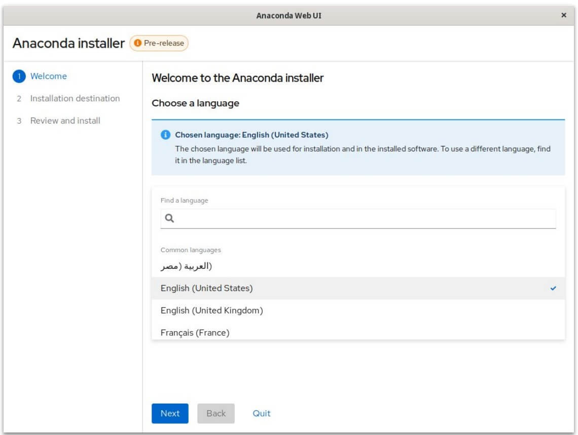 a pre-release screenshot of the anaconda webui installer