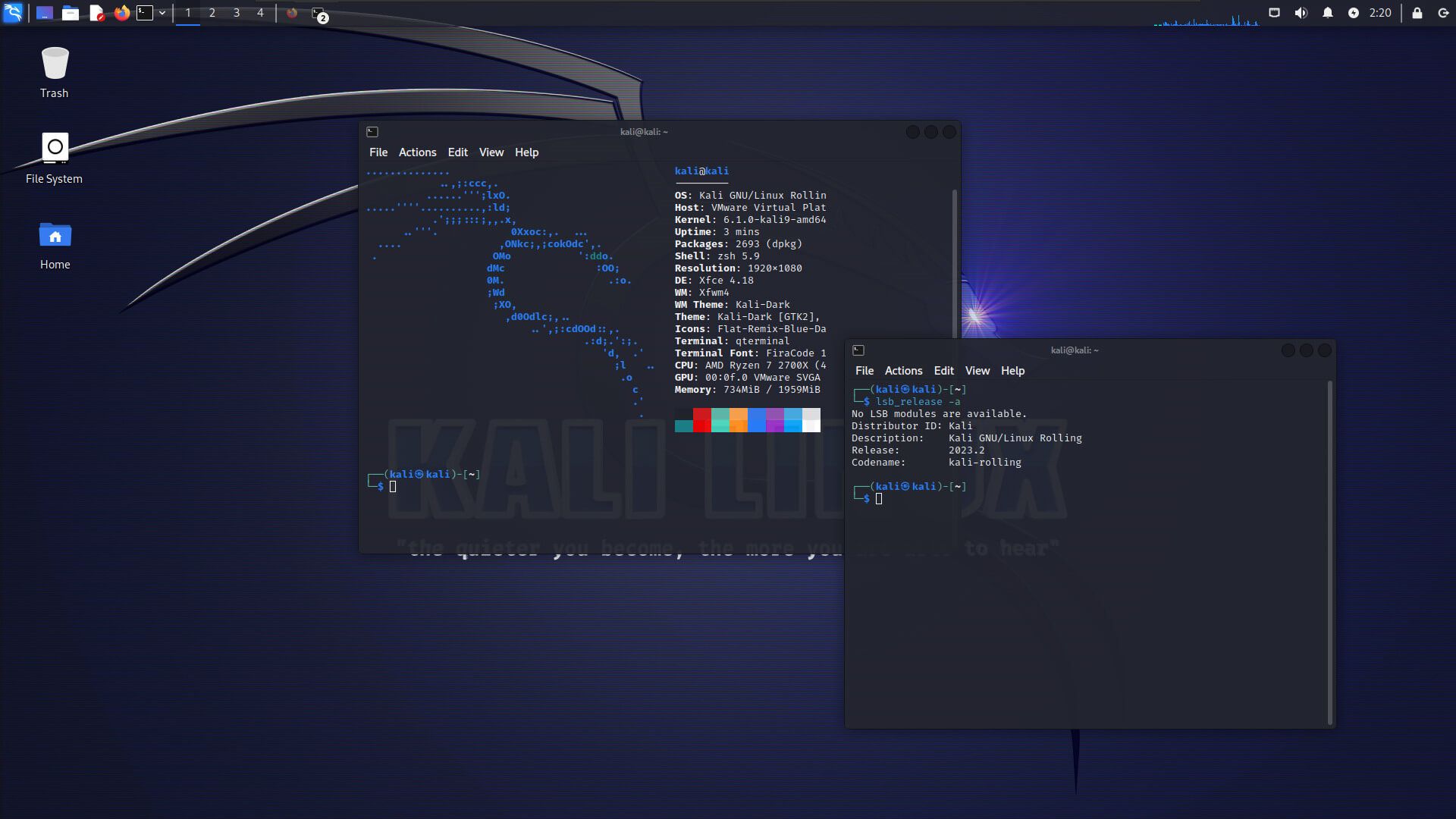 a screenshot of the neofetch output on kali linux 2023.2