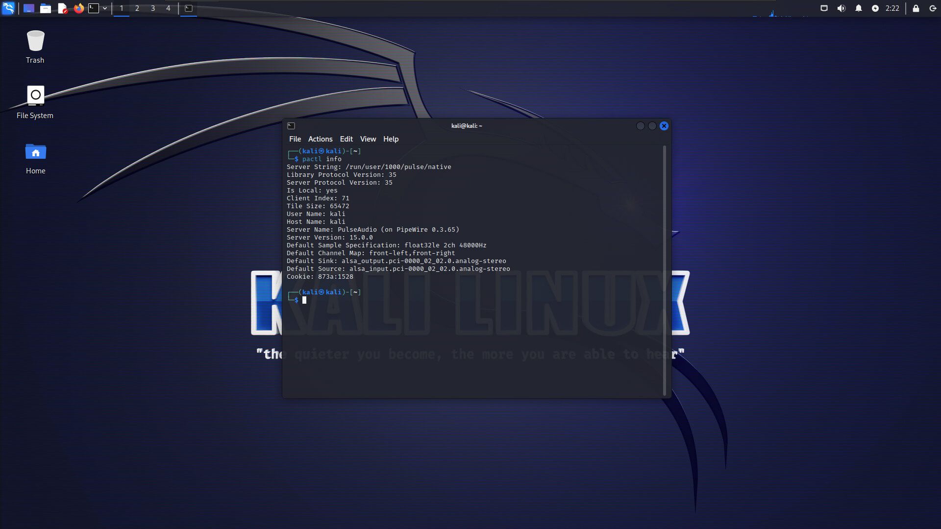 a screenshot of the pipewire implementation on kali linux 2023.2