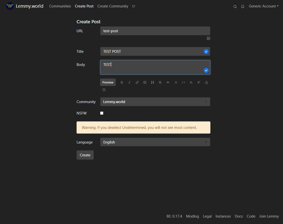 a screenshot of a lemmy instance's post creation page