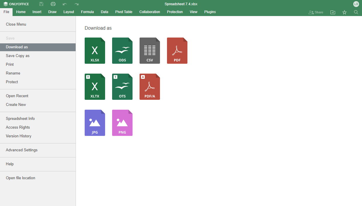 a screenshot of the new save docs/sheets as images on onlyoffice docs 7.4