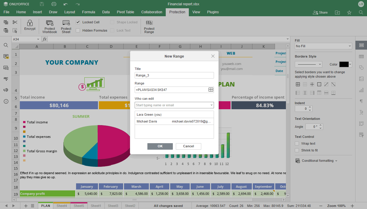 a screenshot of the new protection range feature on onlyoffice docs 7.4